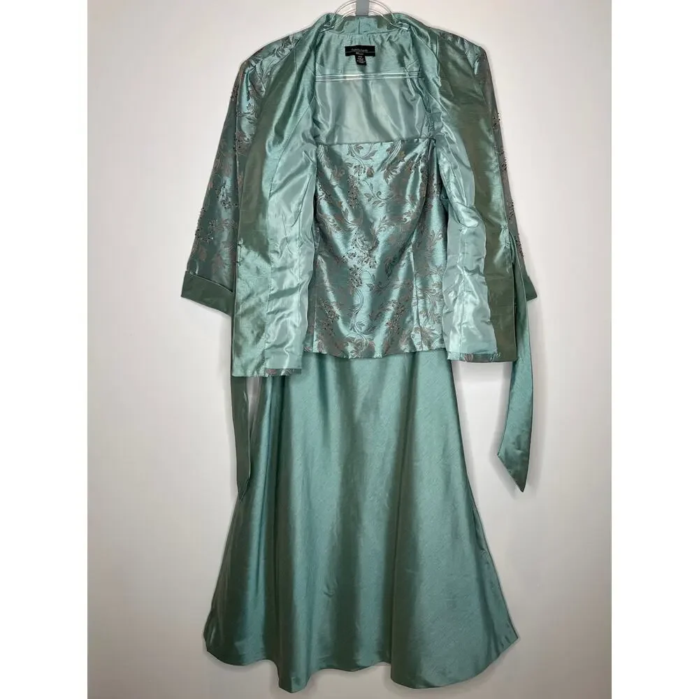 2000s R&M Richards seafoam brocade jacket & satin dress set size 18